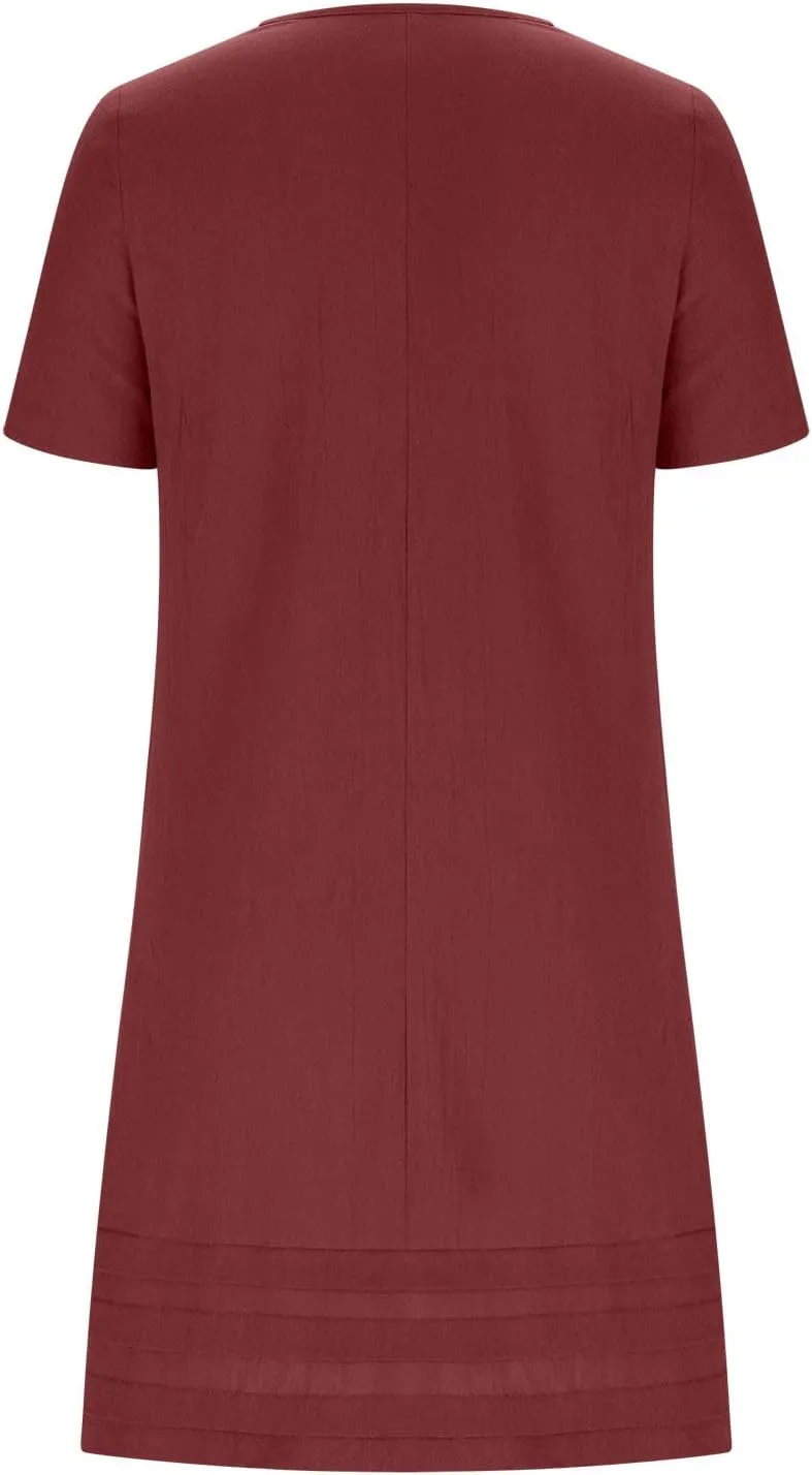 Women Pleated Hem T Shirt Dress Summer Cotton Linen Short Sleeve Crewneck A-Line Dresses Casual Beach Knee Dress