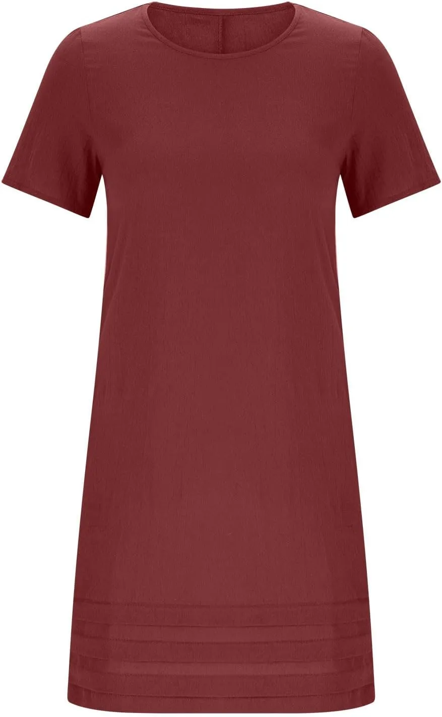 Women Pleated Hem T Shirt Dress Summer Cotton Linen Short Sleeve Crewneck A-Line Dresses Casual Beach Knee Dress