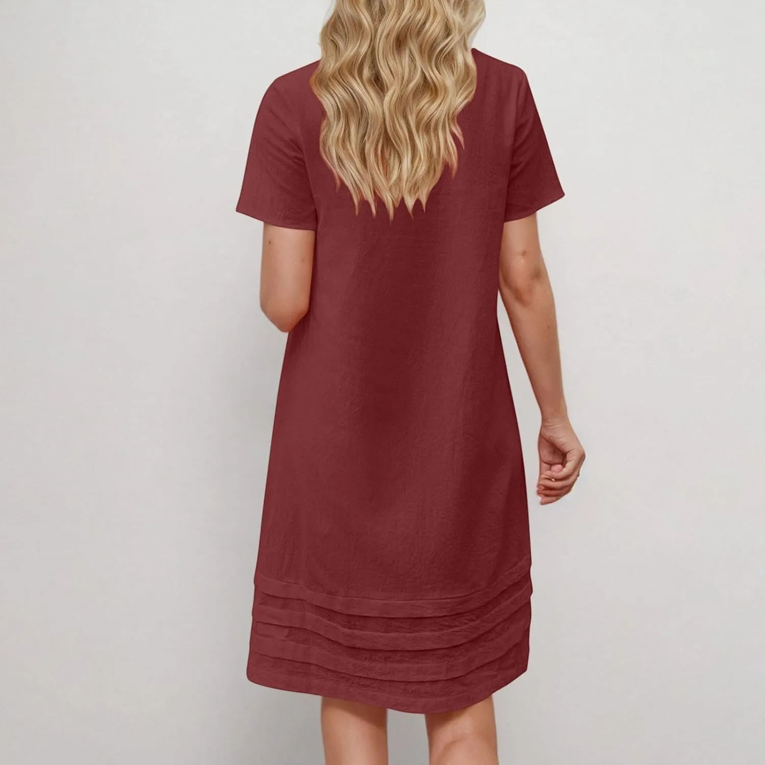 Women Pleated Hem T Shirt Dress Summer Cotton Linen Short Sleeve Crewneck A-Line Dresses Casual Beach Knee Dress