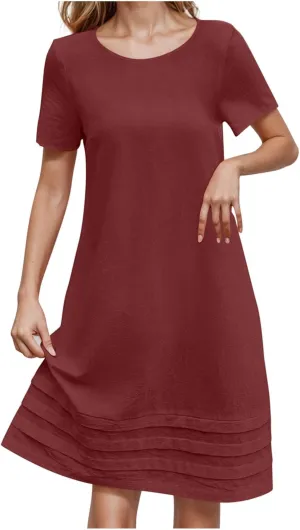 Women Pleated Hem T Shirt Dress Summer Cotton Linen Short Sleeve Crewneck A-Line Dresses Casual Beach Knee Dress
