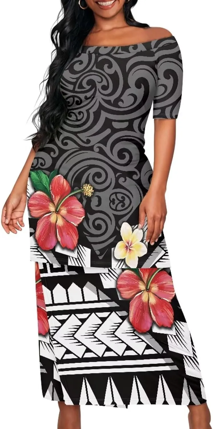 Women Plus Size Crew Neck Two Piece Set Polynesian Puletasi Samoa Off Shoulder Long Dress Set Top Skirts Outfits