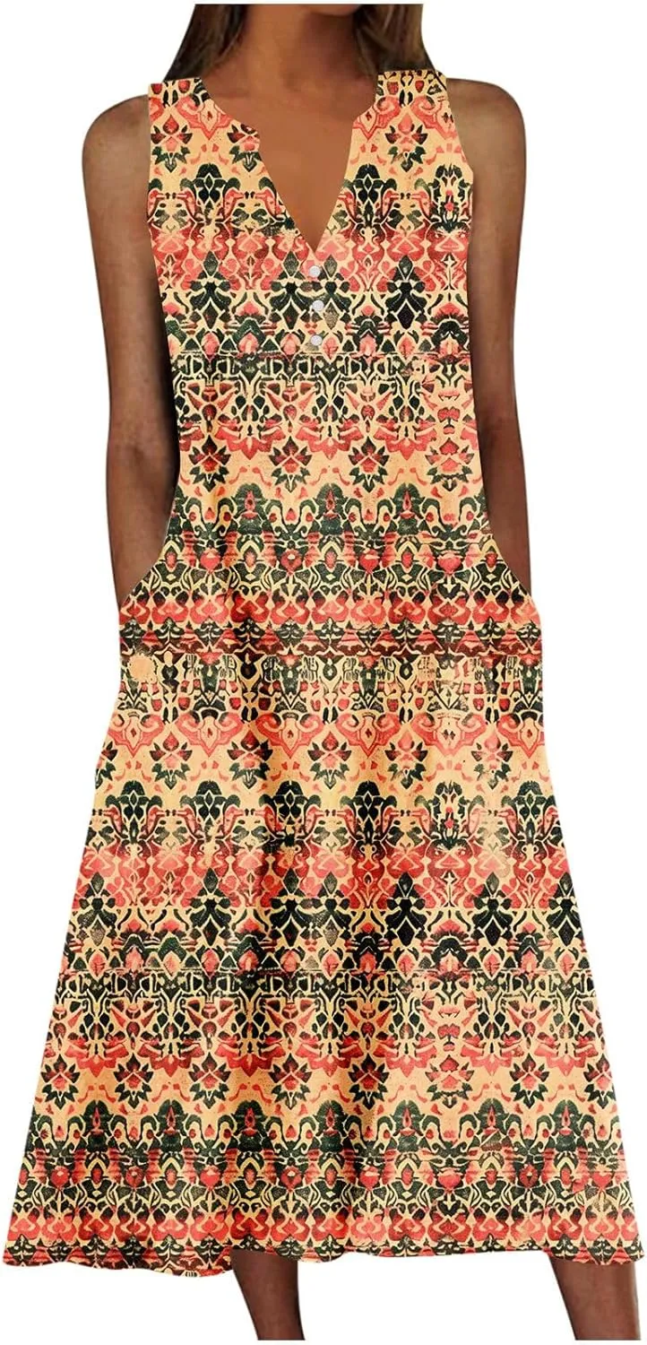 Women Summer Dresses Sleeveless Tshirts Dress Casual Loose Henry Button Neck Dress Flowy Swing Sundresses with Pockets