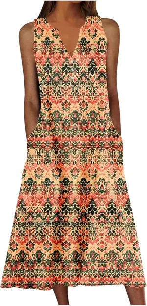 Women Summer Dresses Sleeveless Tshirts Dress Casual Loose Henry Button Neck Dress Flowy Swing Sundresses with Pockets