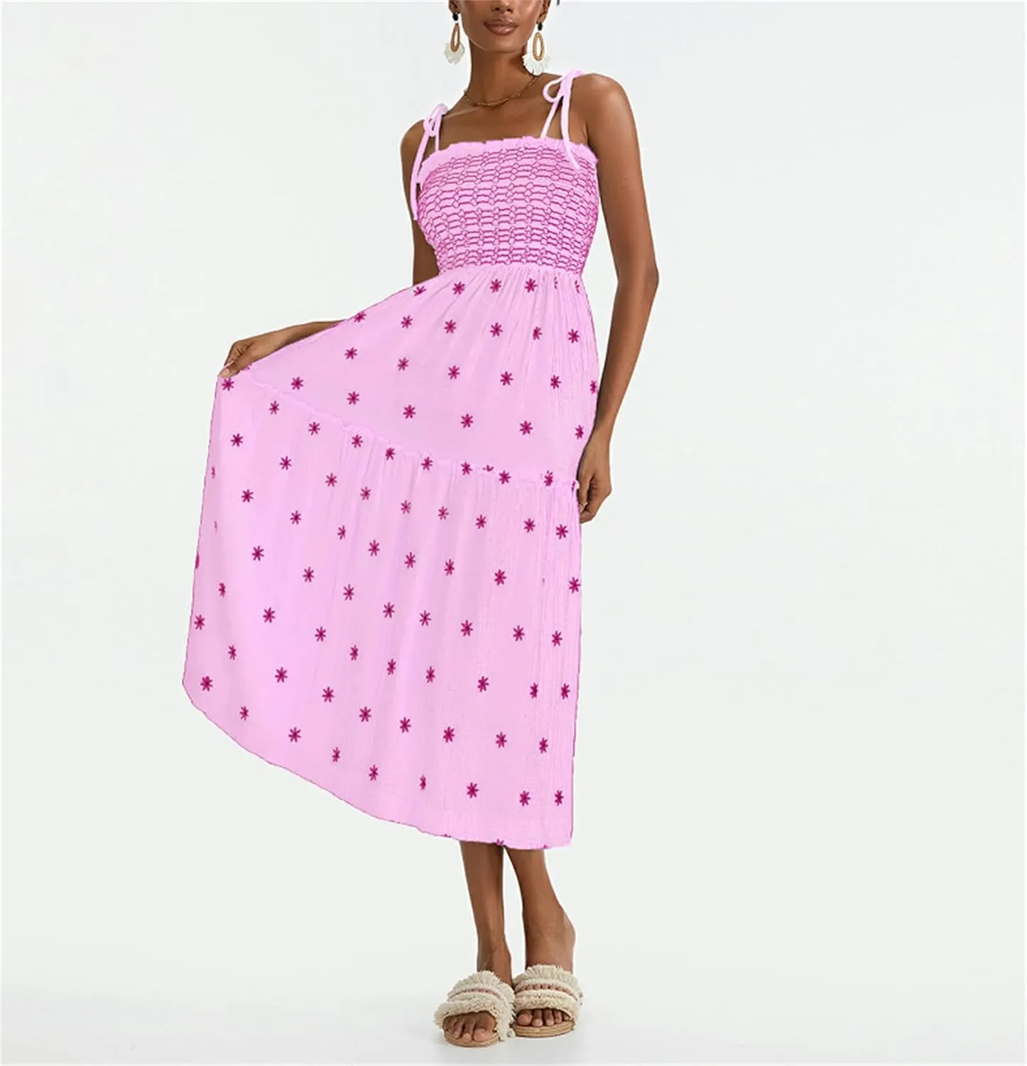 Women Summer Flowy Dress Floral Embroidery Boho Dresses Sleeveless Tie Shoulder Midi Dress Y2k A Line Sundress