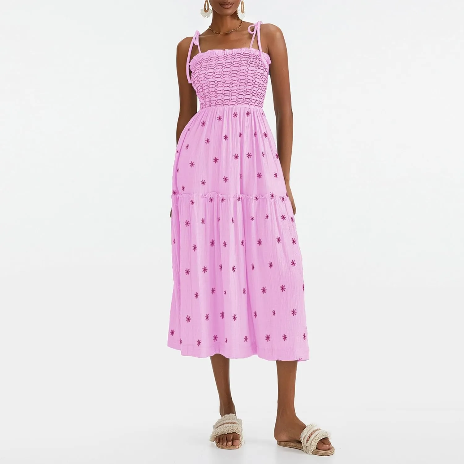 Women Summer Flowy Dress Floral Embroidery Boho Dresses Sleeveless Tie Shoulder Midi Dress Y2k A Line Sundress