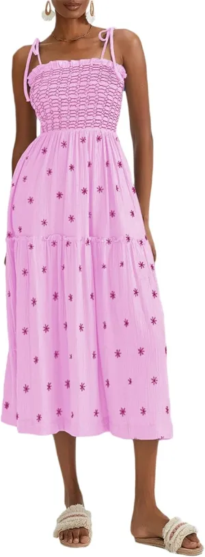 Women Summer Flowy Dress Floral Embroidery Boho Dresses Sleeveless Tie Shoulder Midi Dress Y2k A Line Sundress