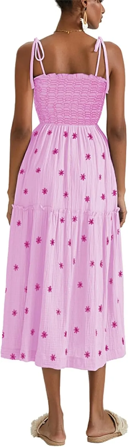 Women Summer Flowy Dress Floral Embroidery Boho Dresses Sleeveless Tie Shoulder Midi Dress Y2k A Line Sundress