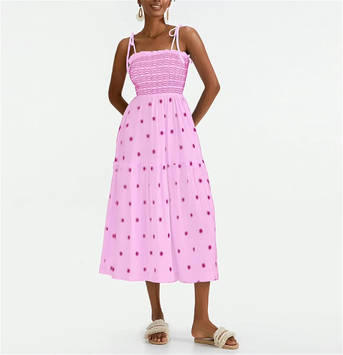 Women Summer Flowy Dress Floral Embroidery Boho Dresses Sleeveless Tie Shoulder Midi Dress Y2k A Line Sundress