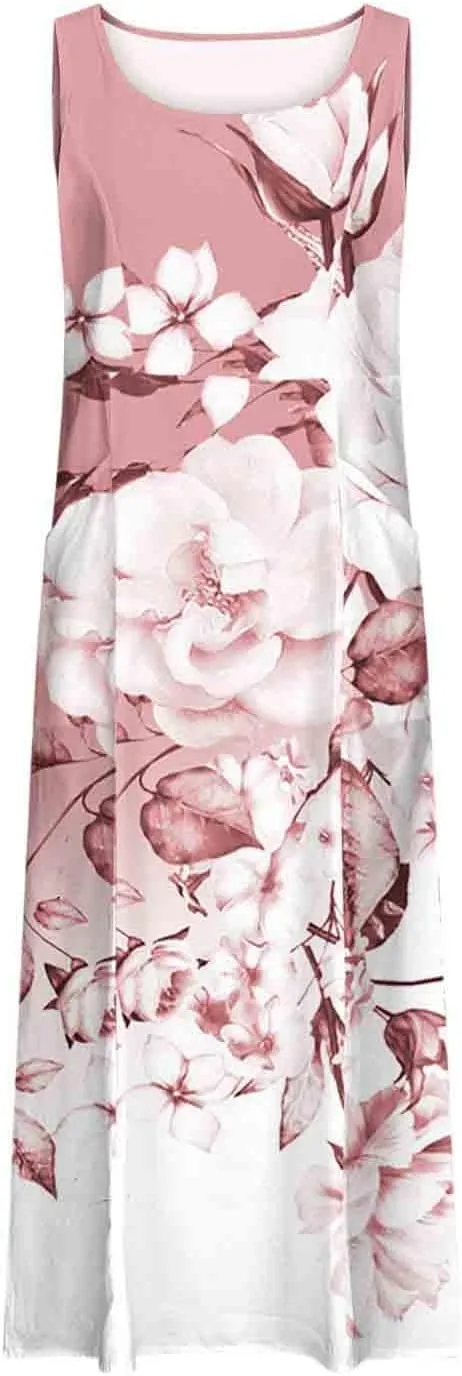 Women Summer Linen Dresses 2025 Trendy Floral Print Maxi Sundress Vacation Casual Sleeveless U Neck Dress with Pockets