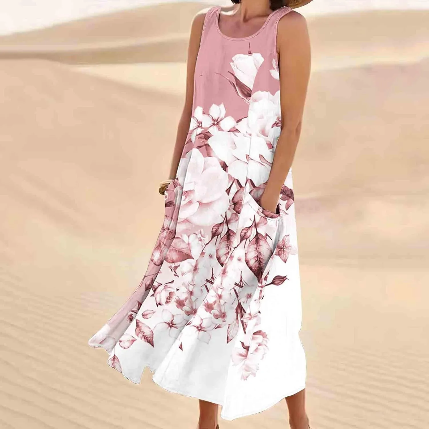 Women Summer Linen Dresses 2025 Trendy Floral Print Maxi Sundress Vacation Casual Sleeveless U Neck Dress with Pockets