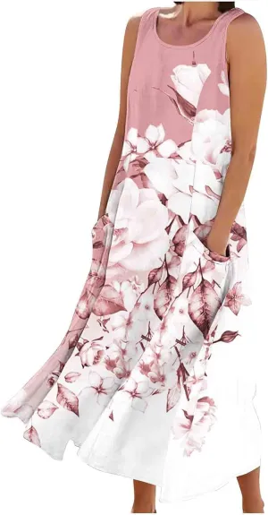 Women Summer Linen Dresses 2025 Trendy Floral Print Maxi Sundress Vacation Casual Sleeveless U Neck Dress with Pockets