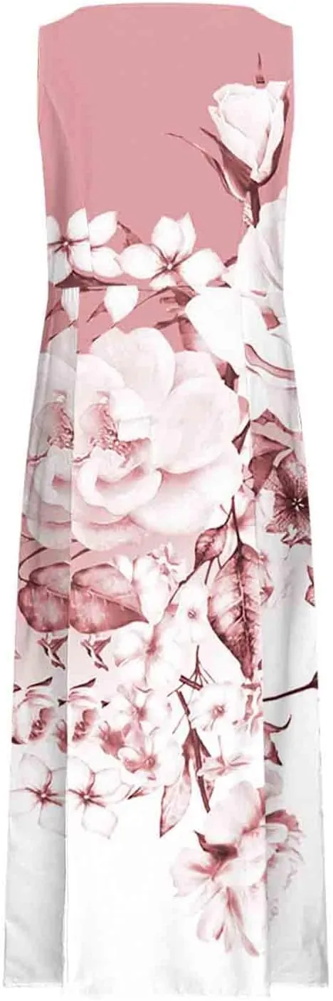 Women Summer Linen Dresses 2025 Trendy Floral Print Maxi Sundress Vacation Casual Sleeveless U Neck Dress with Pockets