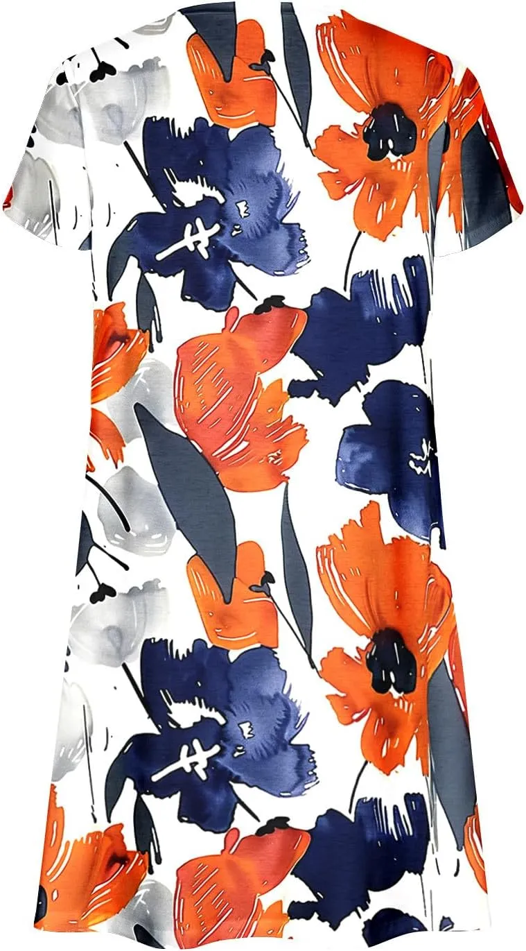 Women Summer Petal Sleeve Mini Dresses with Pockets Casual Aline Flowy V Neck T-Shirt Dress Solid Beach Sundress