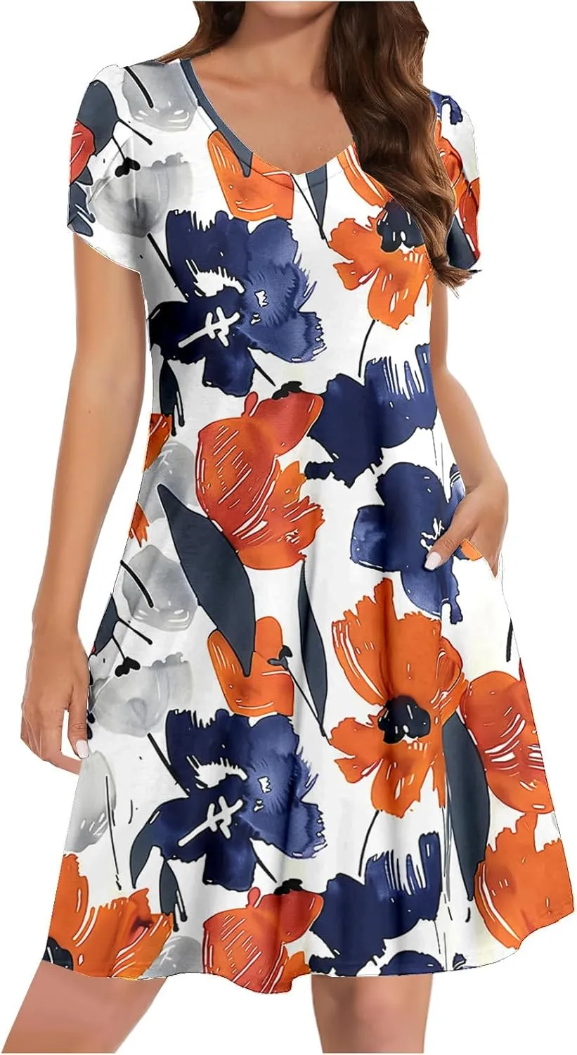 Women Summer Petal Sleeve Mini Dresses with Pockets Casual Aline Flowy V Neck T-Shirt Dress Solid Beach Sundress
