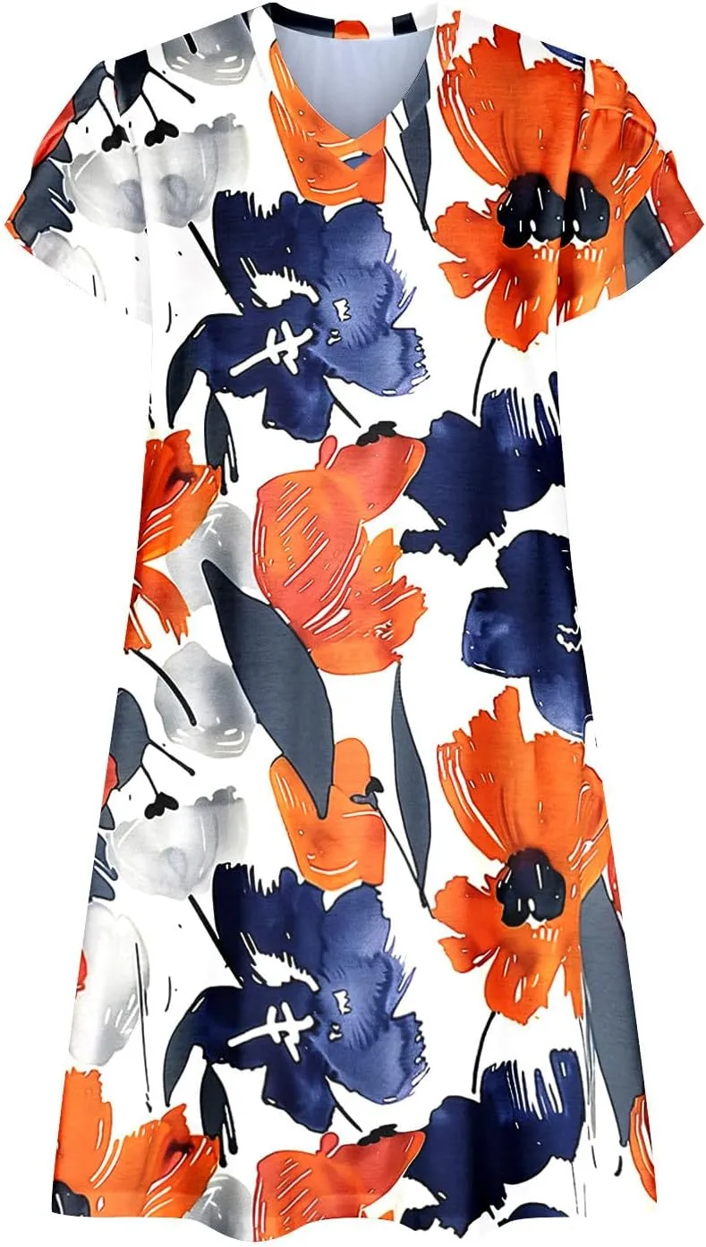 Women Summer Petal Sleeve Mini Dresses with Pockets Casual Aline Flowy V Neck T-Shirt Dress Solid Beach Sundress