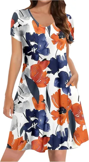 Women Summer Petal Sleeve Mini Dresses with Pockets Casual Aline Flowy V Neck T-Shirt Dress Solid Beach Sundress