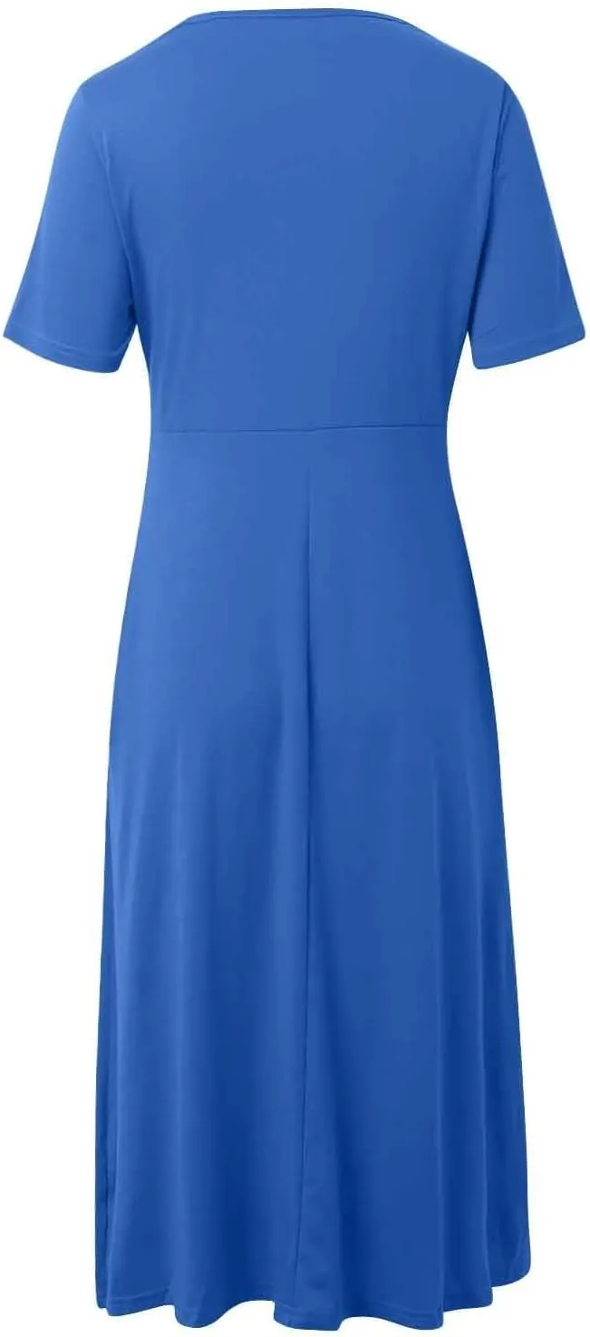 Women Summer Short Sleeve Midi Dress with Pockets Casual Aline Flowy Tshirt Dress Floral Vocation Beach Sundress