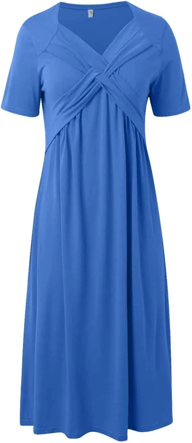 Women Summer Short Sleeve Midi Dress with Pockets Casual Aline Flowy Tshirt Dress Floral Vocation Beach Sundress