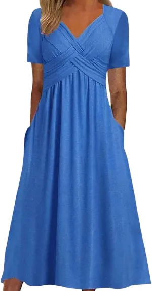 Women Summer Short Sleeve Midi Dress with Pockets Casual Aline Flowy Tshirt Dress Floral Vocation Beach Sundress