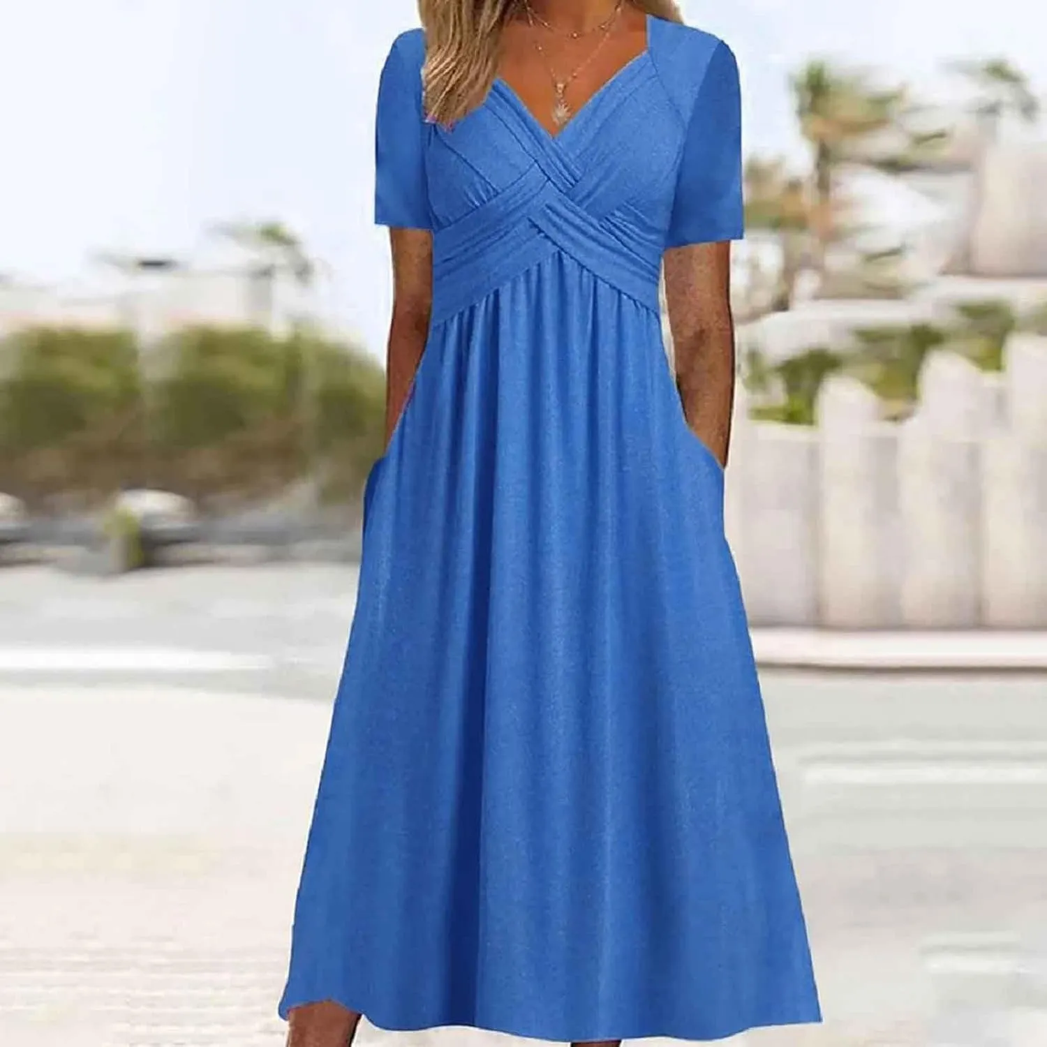 Women Summer Short Sleeve Midi Dress with Pockets Casual Aline Flowy Tshirt Dress Floral Vocation Beach Sundress