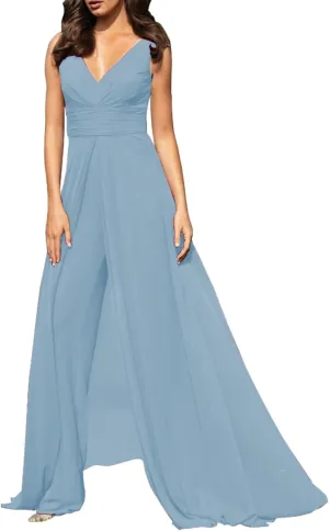 Women V Neck Floor Length Formal Wear With Pleats For Wedding Guest LZ017
