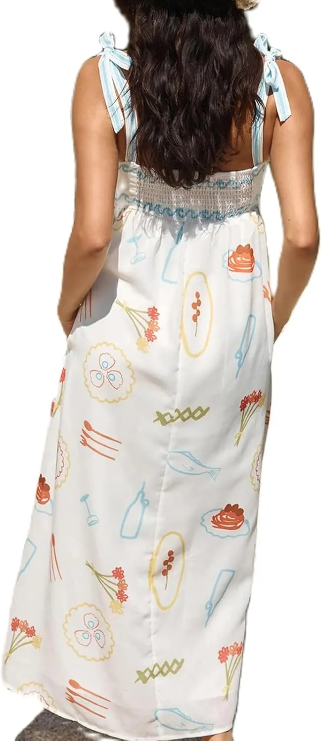 Women Y2k Boho Maxi Dress Sleeveless Tie Shoulder Long Dress 2024 Summer Beach Flowy Sundress