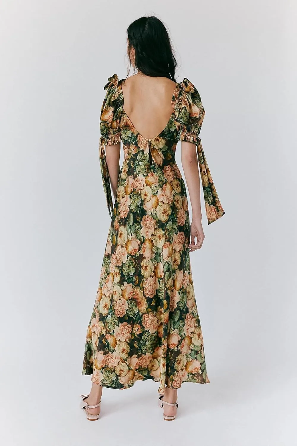 Women Y2K Floral Boho Maxi Dress Puffy Sleeve Square Neck Flowy Long Dress Smocked Tiered Ruffle Summer Sundresses