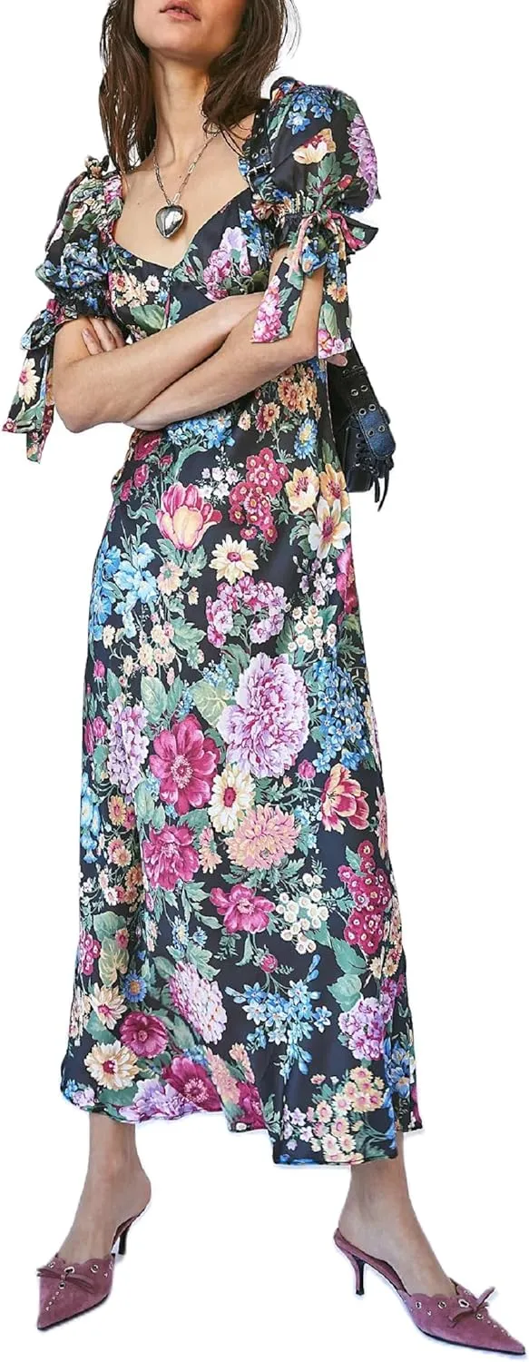 Women Y2K Floral Boho Maxi Dress Puffy Sleeve Square Neck Flowy Long Dress Smocked Tiered Ruffle Summer Sundresses