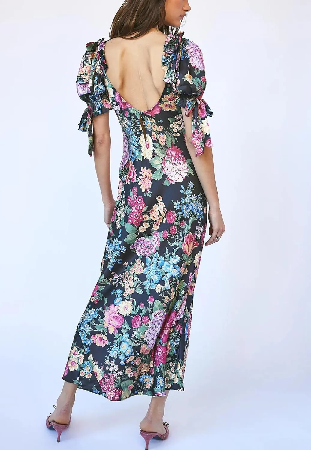 Women Y2K Floral Boho Maxi Dress Puffy Sleeve Square Neck Flowy Long Dress Smocked Tiered Ruffle Summer Sundresses