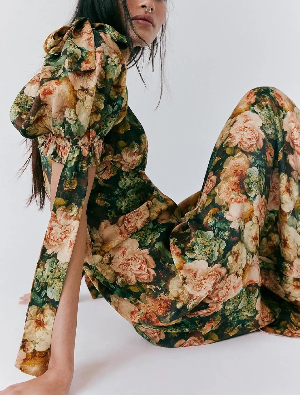Women Y2K Floral Boho Maxi Dress Puffy Sleeve Square Neck Flowy Long Dress Smocked Tiered Ruffle Summer Sundresses