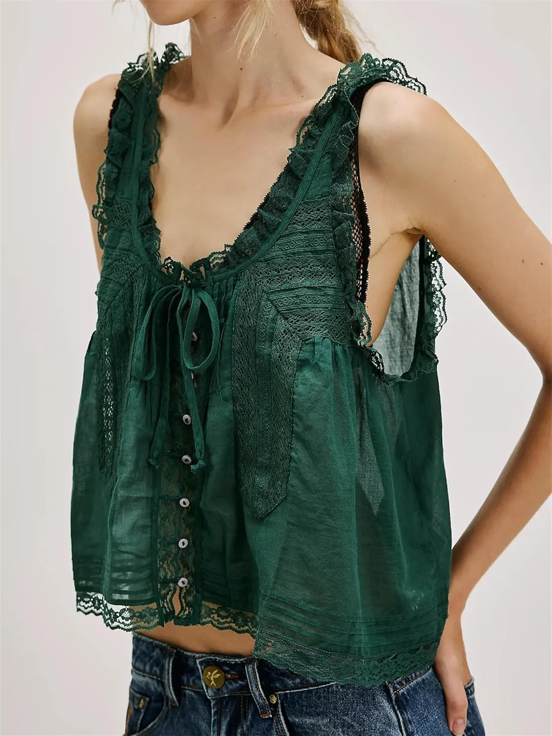 Women Y2k Lace Ruffle Trim Tank Top Fairycore Sexy Sheer Tie Button Front Scoop Neck Crop Camisole Cute Going Out Tops