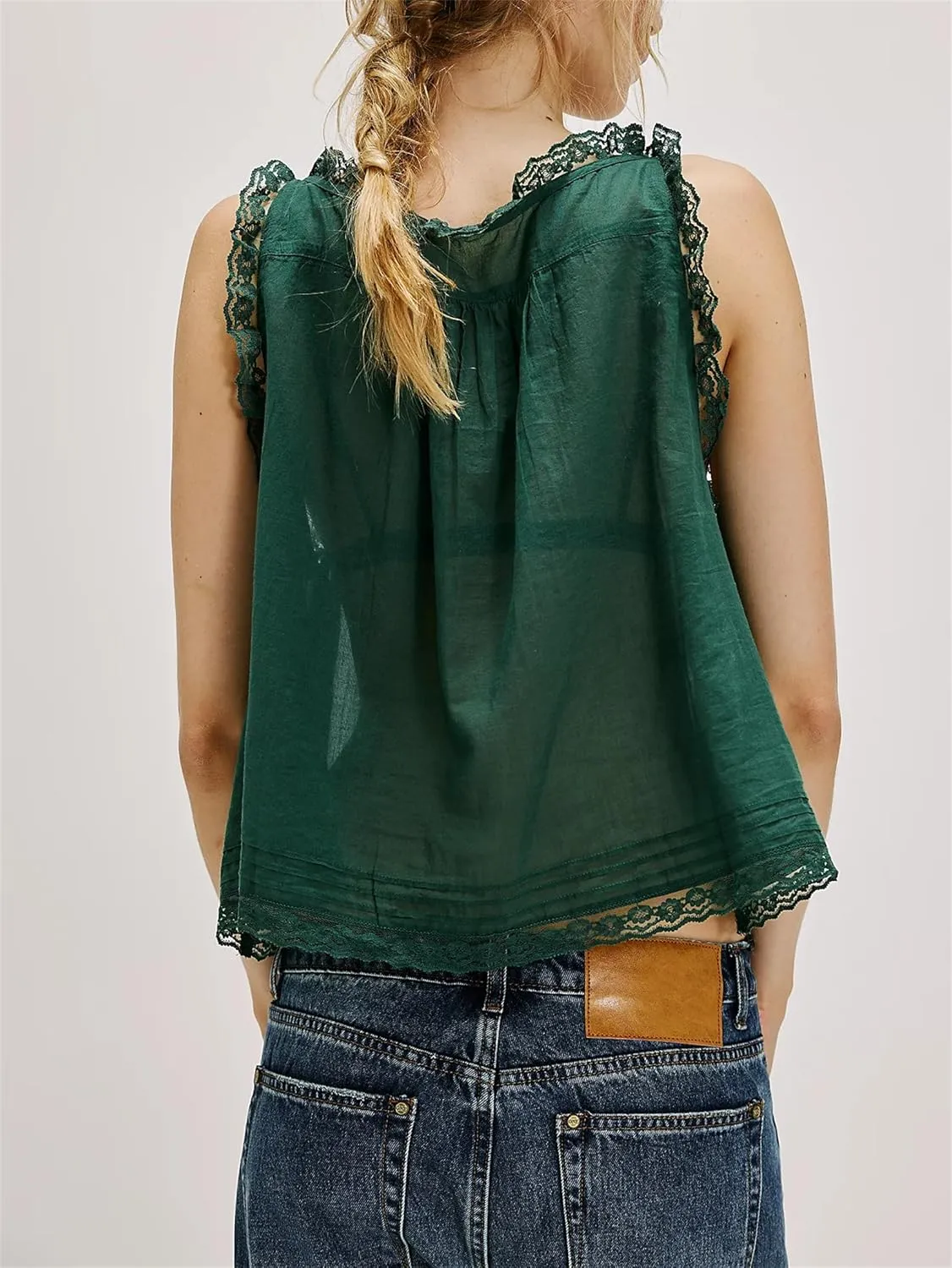 Women Y2k Lace Ruffle Trim Tank Top Fairycore Sexy Sheer Tie Button Front Scoop Neck Crop Camisole Cute Going Out Tops