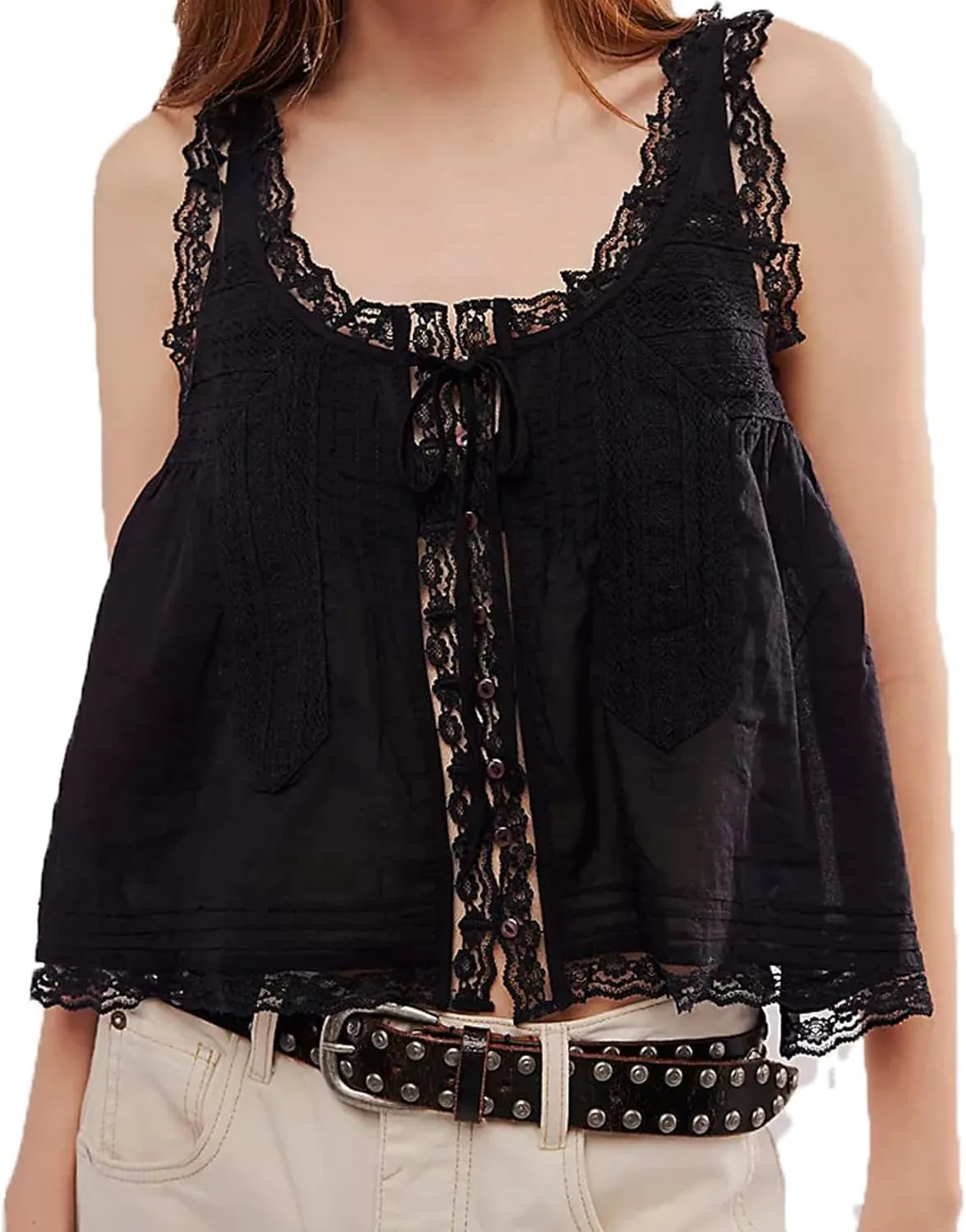 Women Y2k Lace Ruffle Trim Tank Top Fairycore Sexy Sheer Tie Button Front Scoop Neck Crop Camisole Cute Going Out Tops