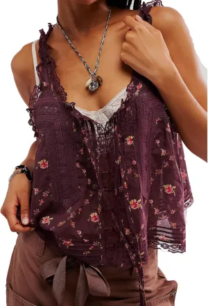 Women Y2k Lace Ruffle Trim Tank Top Fairycore Sexy Sheer Tie Button Front Scoop Neck Crop Camisole Cute Going Out Tops