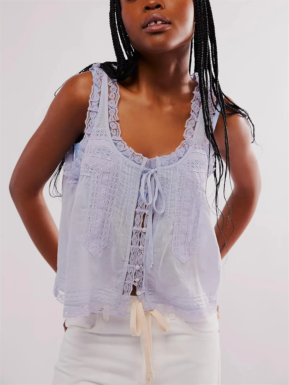 Women Y2k Lace Ruffle Trim Tank Top Fairycore Sexy Sheer Tie Button Front Scoop Neck Crop Camisole Cute Going Out Tops