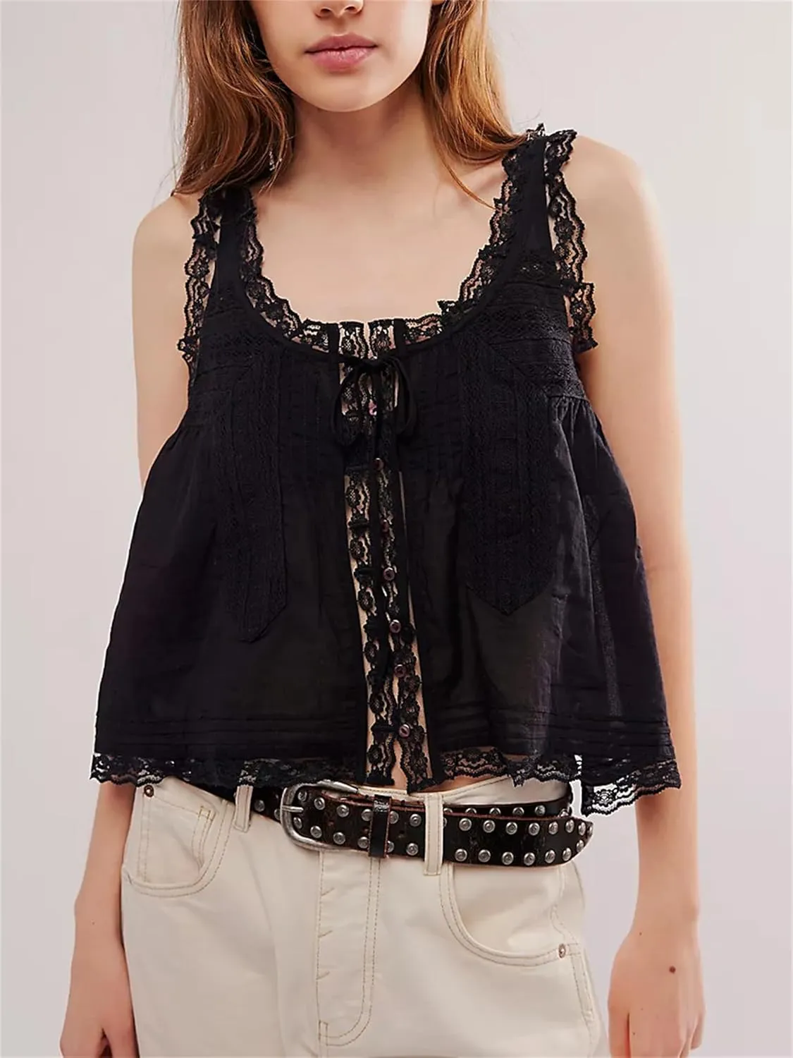 Women Y2k Lace Ruffle Trim Tank Top Fairycore Sexy Sheer Tie Button Front Scoop Neck Crop Camisole Cute Going Out Tops