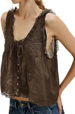 Women Y2k Lace Ruffle Trim Tank Top Fairycore Sexy Sheer Tie Button Front Scoop Neck Crop Camisole Cute Going Out Tops