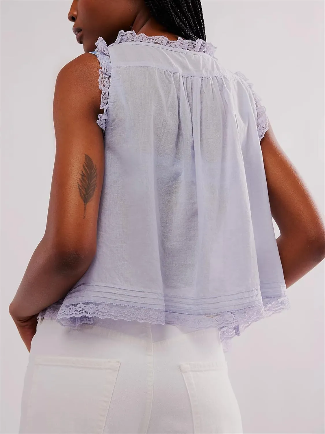 Women Y2k Lace Ruffle Trim Tank Top Fairycore Sexy Sheer Tie Button Front Scoop Neck Crop Camisole Cute Going Out Tops