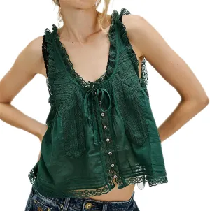 Women Y2k Lace Ruffle Trim Tank Top Fairycore Sexy Sheer Tie Button Front Scoop Neck Crop Camisole Cute Going Out Tops