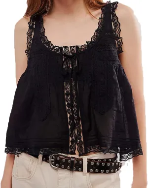 Women Y2k Lace Ruffle Trim Tank Top Fairycore Sexy Sheer Tie Button Front Scoop Neck Crop Camisole Cute Going Out Tops