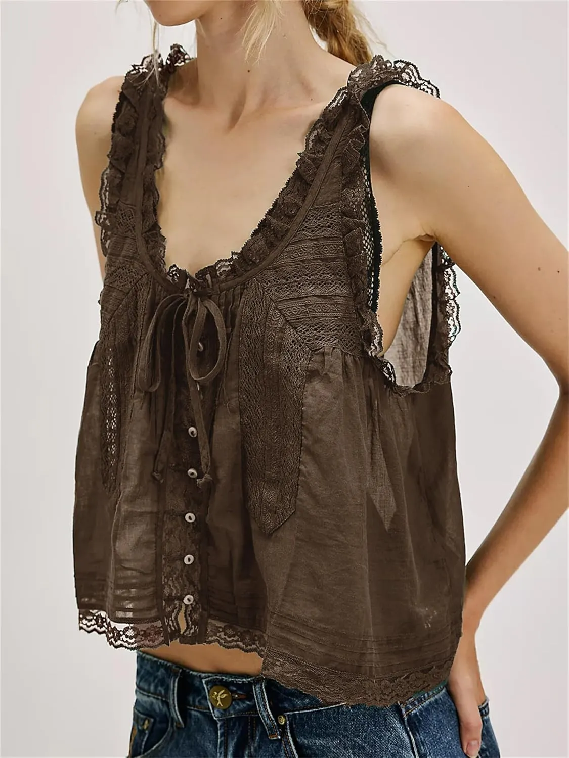 Women Y2k Lace Ruffle Trim Tank Top Fairycore Sexy Sheer Tie Button Front Scoop Neck Crop Camisole Cute Going Out Tops