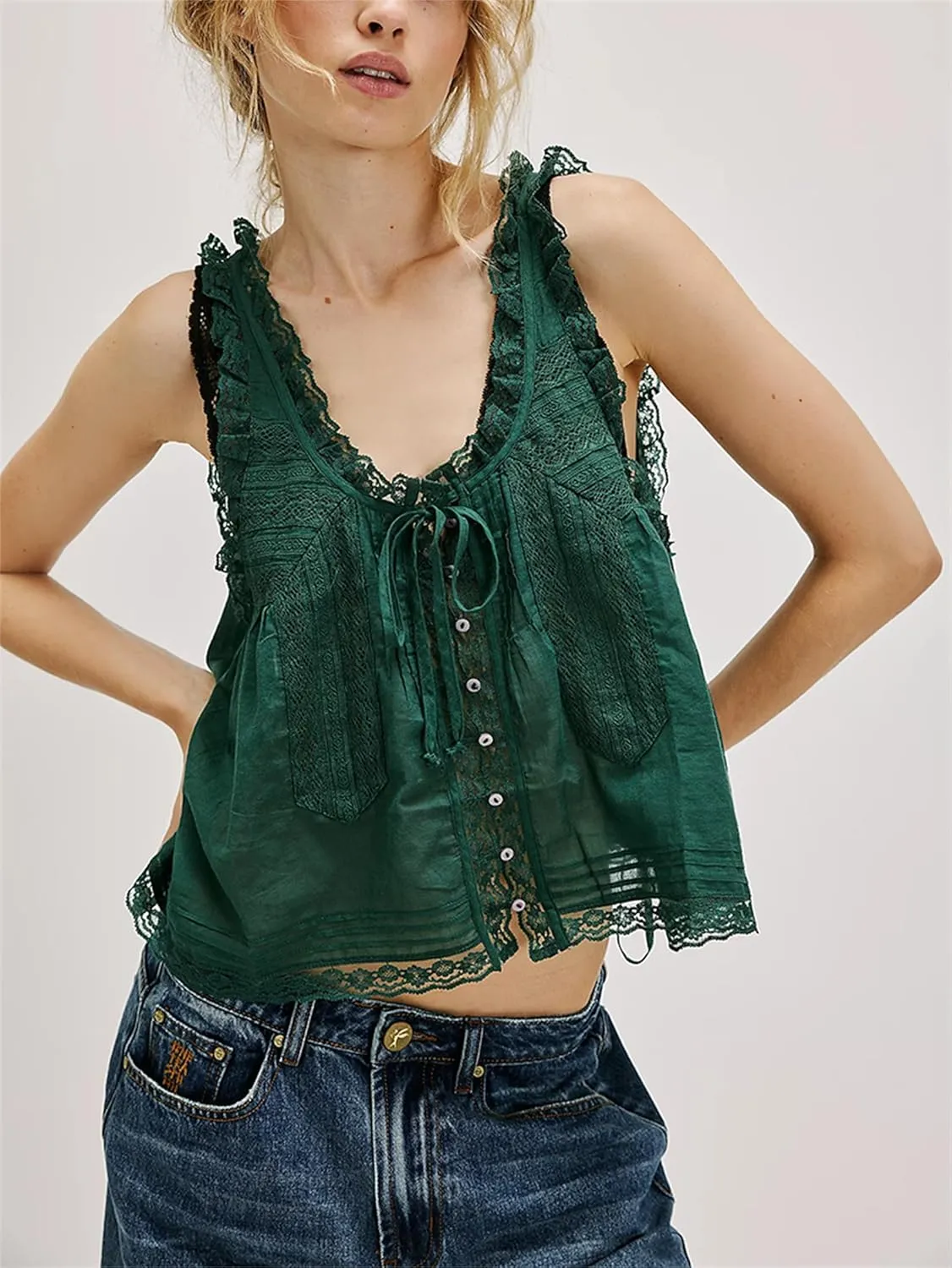Women Y2k Lace Ruffle Trim Tank Top Fairycore Sexy Sheer Tie Button Front Scoop Neck Crop Camisole Cute Going Out Tops