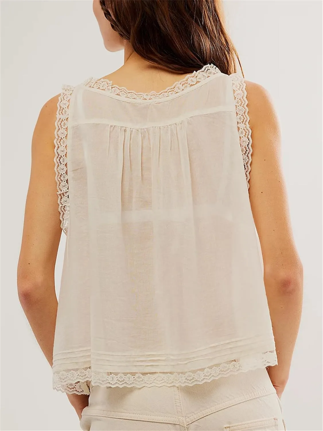 Women Y2k Lace Ruffle Trim Tank Top Fairycore Sexy Sheer Tie Button Front Scoop Neck Crop Camisole Cute Going Out Tops