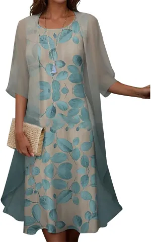Womens 2 Piece Set Floral Print Midi Dress with Cardigan Chiffon Sleeveless Plus Size Wedding Guest Dresses