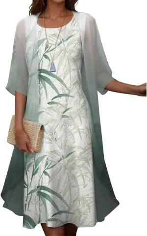 Womens 2 Piece Set Floral Print Midi Dress with Cardigan Chiffon Sleeveless Plus Size Wedding Guest Dresses