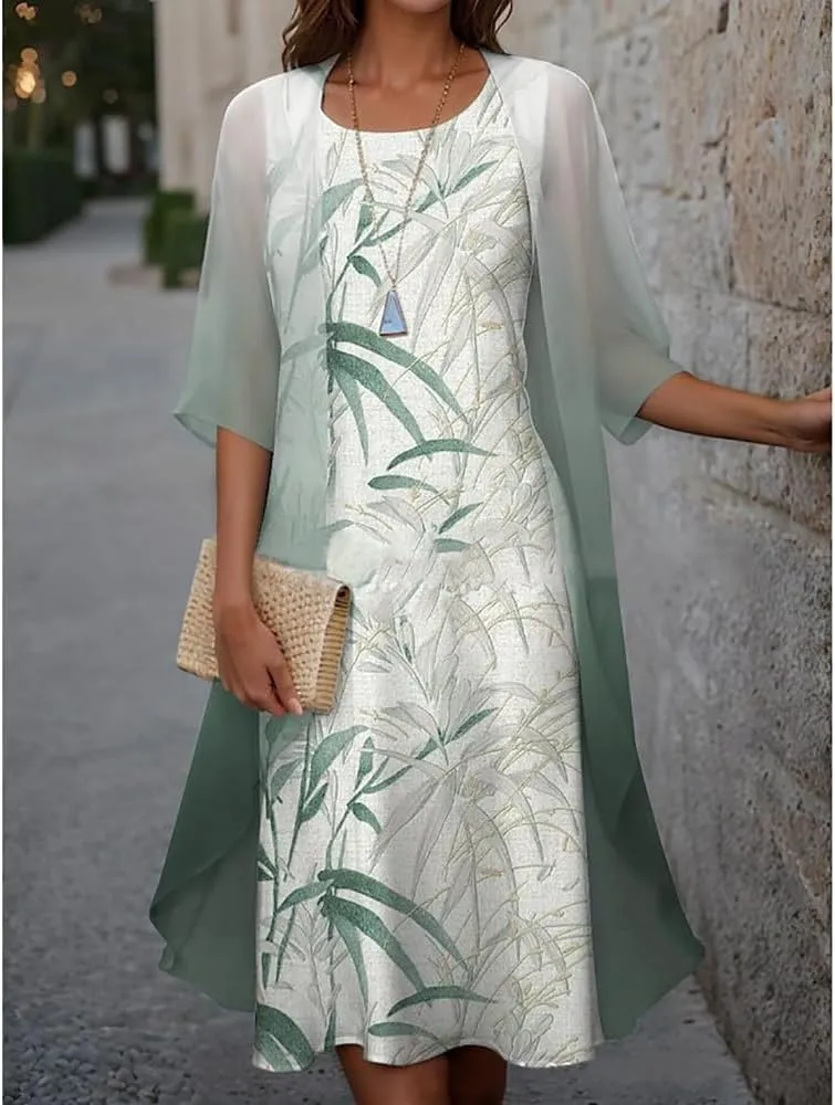 Womens 2 Piece Set Floral Print Midi Dress with Cardigan Chiffon Sleeveless Plus Size Wedding Guest Dresses