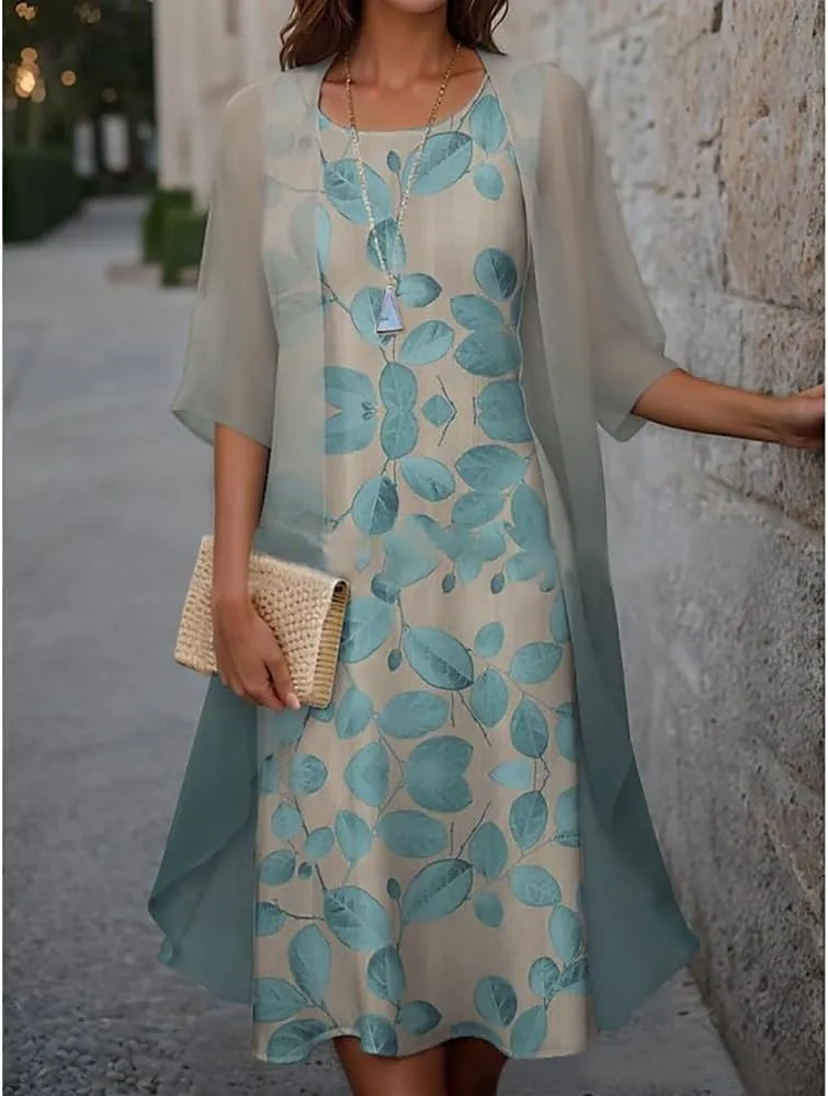 Womens 2 Piece Set Floral Print Midi Dress with Cardigan Chiffon Sleeveless Plus Size Wedding Guest Dresses