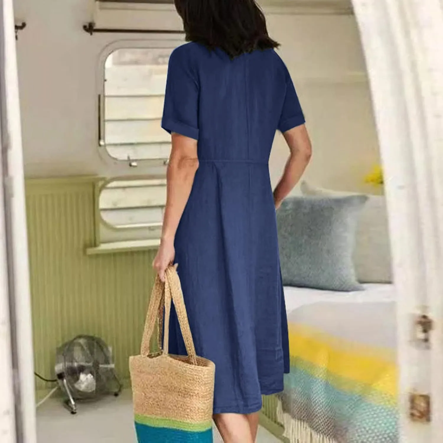 Women's 2025 Plus Size Cotton Linen Dresses Short Sleeve V-Neck Solid Shirt Dress Summer Loose Fit Dress with Pockets