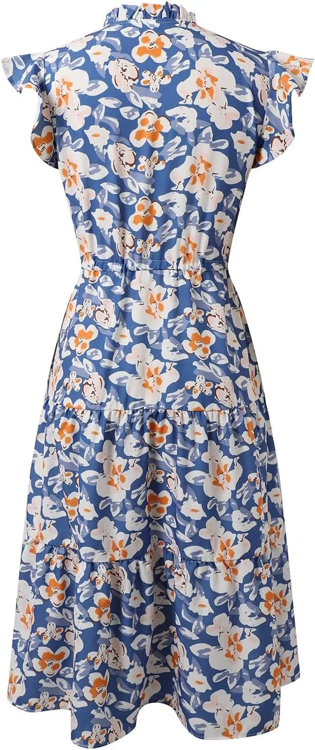 Women's 2025 Summer Floral Midi Dress Cap Sleeve V Neck Ruffle Long Flowy Boho Casual Beach Vacation Dresses
