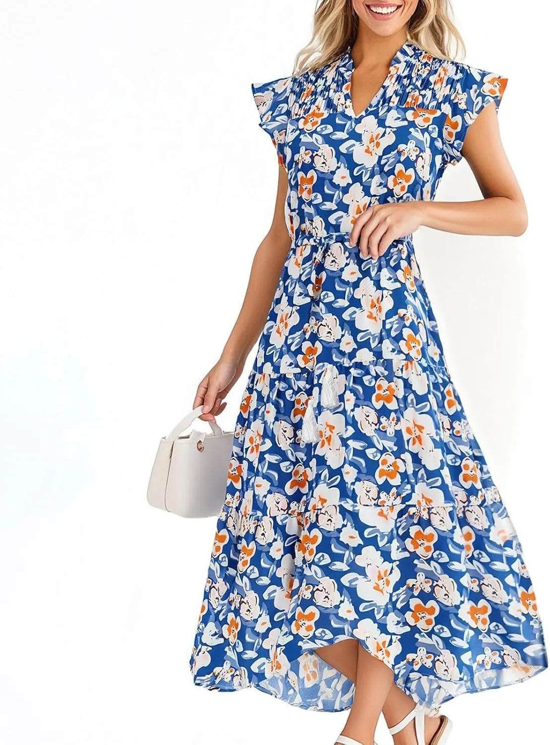 Women's 2025 Summer Floral Midi Dress Cap Sleeve V Neck Ruffle Long Flowy Boho Casual Beach Vacation Dresses